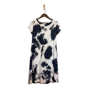 ARAN'S DEN Lagenlook Tunic Top Long Shirt Dress Tie Dye Black White Short Sleeve